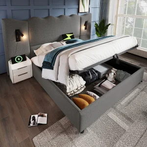 Bed met opbergruimte 180×200 cm – met hoofdbord, USB- en Type-C-aansluitingen, lattenbodem – linnen – grijs – matras niet inbegrepen Bed met opbergruimte 180×200 cm – met hoofdbord, USB- en Type-C-aansluitingen, lattenbodem – linnen – grijs – matras niet inbegrepen