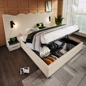 Bed met opbergruimte 160×200 cm – met hoofdbord, USB- en Type-C-aansluitingen, lattenbodem – linnen – grijs – matras niet inbegrepen Bed met opbergruimte 160×200 cm – met hoofdbord, USB- en Type-C-aansluitingen, lattenbodem – linnen – grijs – matras niet inbegrepen