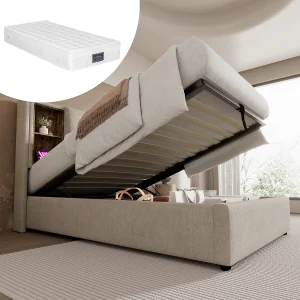 Bed met opbergruimte 90×200 cm – met hoofdbord met opbergruimte, USB, Type-C, lattenbodem – linnen – naturel – matras inbegrepen Bed met opbergruimte 90×200 cm – met hoofdbord met opbergruimte, USB, Type-C, lattenbodem – linnen – naturel – matras inbegrepen