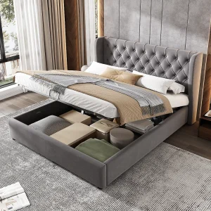 Bed met opbergruimte 180 x 200 cm – Gestoffeerd hoofdbord met studs – Grijs fluweel – Matras niet inbegrepen Bed met opbergruimte 180 x 200 cm – Gestoffeerd hoofdbord met studs – Grijs fluweel – Matras niet inbegrepen