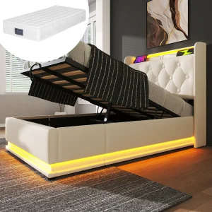 Bed met opbergruimte 90×200 cm – met hoofdbord met opbergruimte, ledverlichting, USB/Type-C, lattenbodem – wit – inclusief matras Bed met opbergruimte 90×200 cm – met hoofdbord met opbergruimte, ledverlichting, USB/Type-C, lattenbodem – wit – inclusief matras