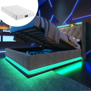 Bed met opbergruimte 140×200 cm – met hoofdbord met opbergruimte, USB/Type-C, ledverlichting, lattenbodem – linnen – grijs – inclusief matras