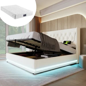 Bed met opbergruimte 160×200 cm – met hoofdbord, USB, type C, ledverlichting, lattenbodem – wit – inclusief matras Bed met opbergruimte 160×200 cm – met hoofdbord, USB, type C, ledverlichting, lattenbodem – wit – inclusief matras
