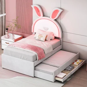Bed 90×200 cm – Kinderbed met lades, ledverlichting, lattenbodem – beige fluweel – zonder matras
