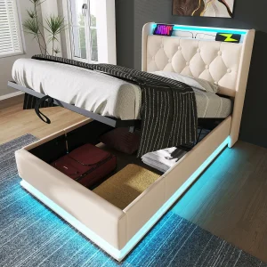 Bed met opbergruimte 90×200 cm – met hoofdbord met opbergruimte, ledverlichting, USB/Type-C – wit leer – zonder matras Bed met opbergruimte 90×200 cm – met hoofdbord met opbergruimte, ledverlichting, USB/Type-C – wit leer – zonder matras