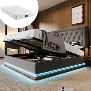 Bed met opbergruimte 160×200 cm – met hoofdbord, USB/Type-C, LED-verlichting, lattenbodem – stof – grijs – inclusief matras Bed met opbergruimte 160×200 cm – met hoofdbord, USB/Type-C, LED-verlichting, lattenbodem – stof – grijs – inclusief matras
