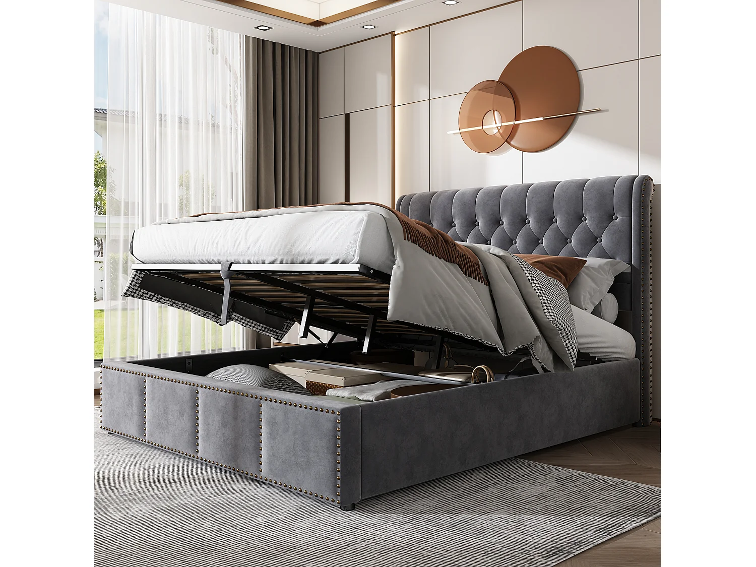 Bed met opbergruimte 160 x 200 cm - Gestoffeerd hoofdbord met studs - Grijs fluweel - Matras niet inbegrepen