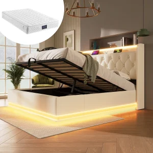 Bed met opbergruimte 140×200 cm – met ledverlichting, USB/Type-C, hoofdbord met opbergruimte, lattenbodem – wit – matras niet inbegrepen