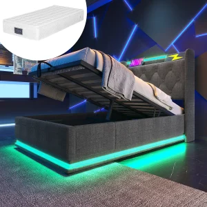 Bed met opbergruimte 90×200 cm – met ledverlichting, hoofdbord, USB/Type-C, planken, lattenbodem – grijs linnen – inclusief matras Bed met opbergruimte 90×200 cm – met ledverlichting, hoofdbord, USB/Type-C, planken, lattenbodem – grijs linnen – inclusief matras