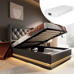 Bed met opbergruimte 90×200 cm – met hoofdbord, USB/Type-C, LED-verlichting, lattenbodem – zwart leer – inclusief matras Bed met opbergruimte 90×200 cm – met hoofdbord, USB/Type-C, LED-verlichting, lattenbodem – zwart leer – inclusief matras