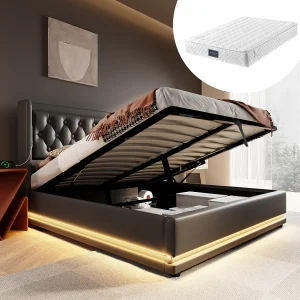 Bed met opbergruimte 140×200 cm – met hoofdbord, USB/Type-C, 3-zijdige LED-verlichting, lattenbodem – zwart – inclusief matras
