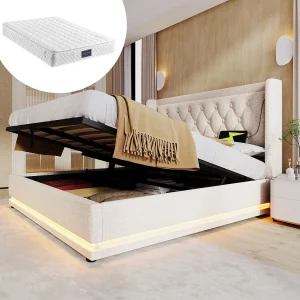 Bed met opbergruimte 160×200 cm – met hoofdbord, USB Type-C, 3-zijdige LED-verlichting, elastische lattenbodem – beige – inclusief matras Bed met opbergruimte 160×200 cm – met hoofdbord, USB Type-C, 3-zijdige LED-verlichting, elastische lattenbodem – beige – inclusief matras
