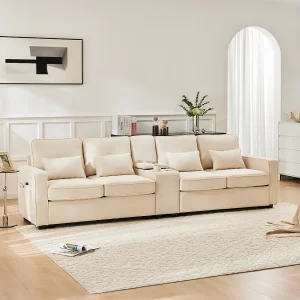 Beige linnen 4-zitsbank met USB-aansluitingen, consoletafel en bekerhouders – Met kussens en armleuningen, voor woonkamer of kantoor Beige linnen 4-zitsbank met USB-aansluitingen, consoletafel en bekerhouders – Met kussens en armleuningen, voor woonkamer of kantoor