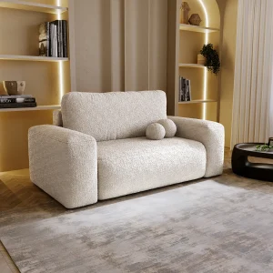 BESILIO Uitklapbare gestoffeerde sofa Ornello – ronde kussens, tweezits, slaapbank, vrijstaande bouclé-sofa – Beige BESILIO Uitklapbare gestoffeerde sofa Ornello – ronde kussens, tweezits, slaapbank, vrijstaande bouclé-sofa – Beige
