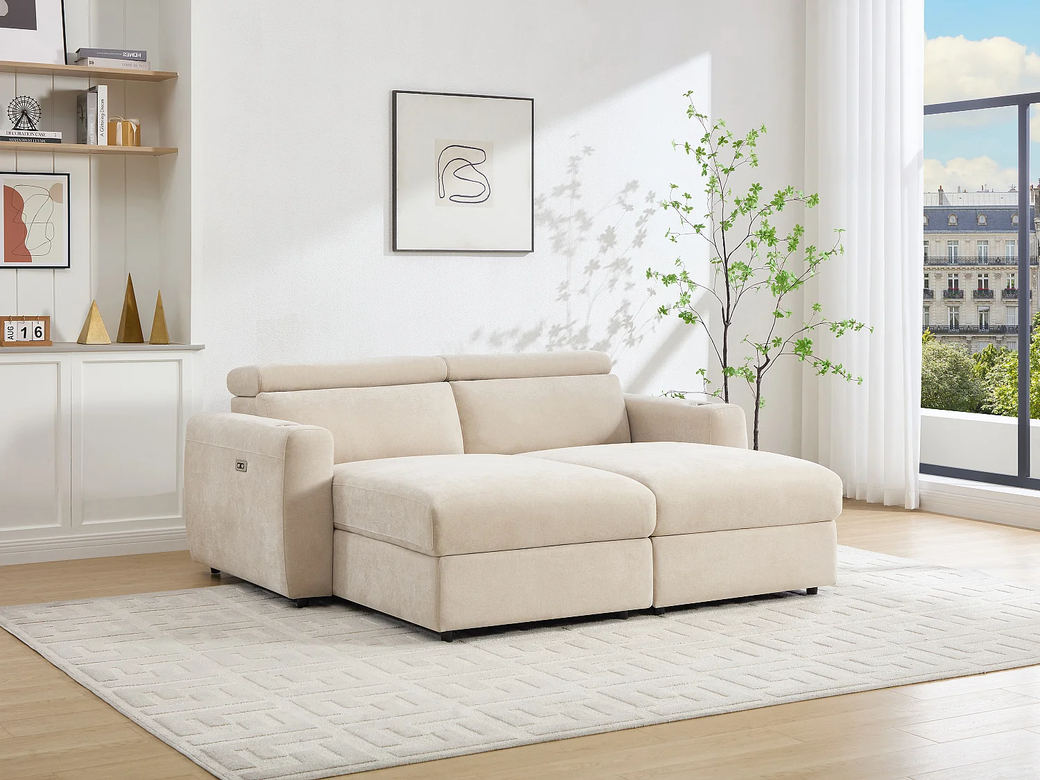 3-zitsbank met elektrische relaxfunctie en diepe zitting in beige stof BERALDA