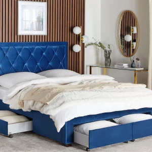 Bed met opbergladen Fluweel LIEVIN 160 x 200 cm Marineblauw Bed met opbergladen Fluweel LIEVIN 160 x 200 cm Marineblauw