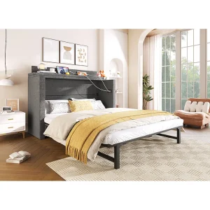 Bedbank 140×200 cm met 1 lade, USB en Type-C – Grijze linnen stof Bedbank 140×200 cm met 1 lade, USB en Type-C – Grijze linnen stof
