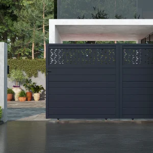Elektrische aluminium schuifpoort met motieven B350 x H180 cm – antraciet – BAZIO Elektrische aluminium schuifpoort met motieven B350 x H180 cm – antraciet – BAZIO