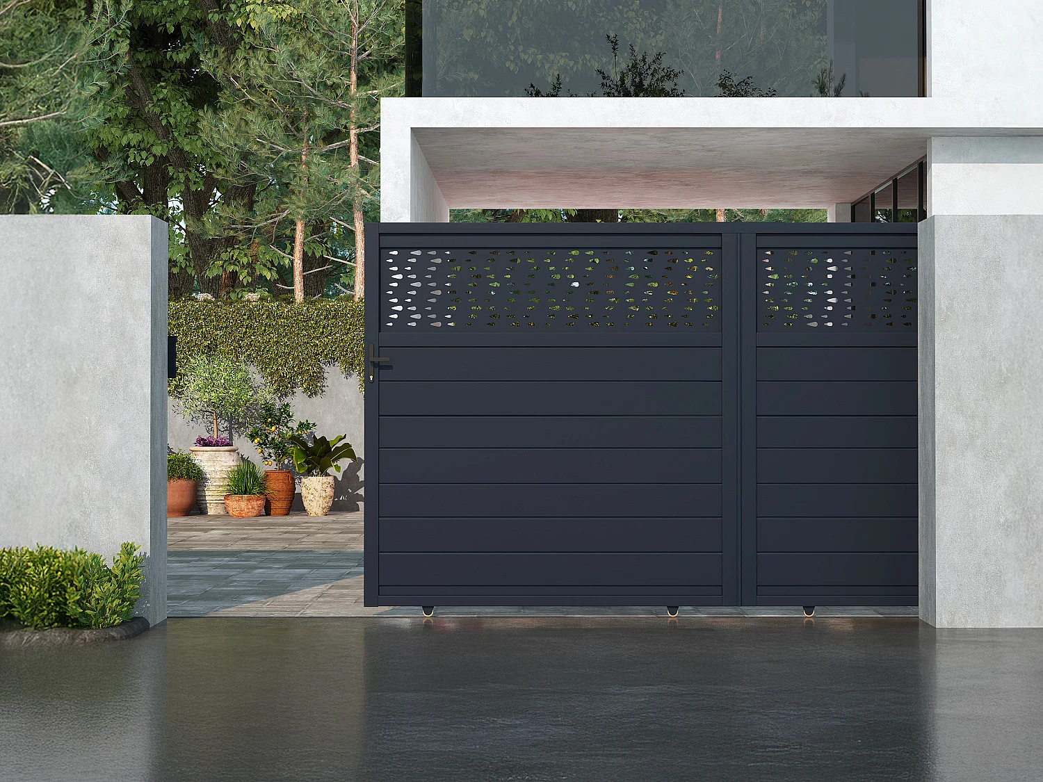 Elektrische aluminium schuifpoort met motieven B350 x H180 cm - antraciet - BAZIO