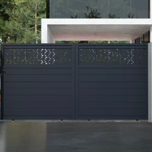 Aluminium schuifpoort half gesloten met motieven B350 x H180 cm – antraciet – BAZIO