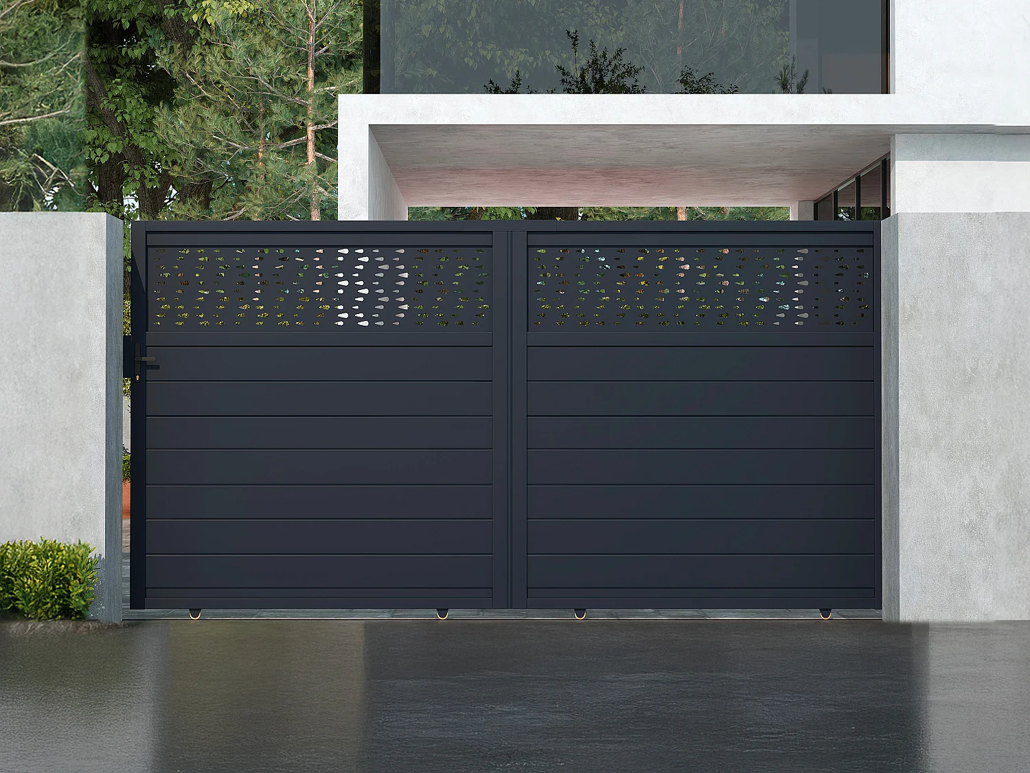 Aluminium schuifpoort half gesloten met motieven B350 x H180 cm - antraciet - BAZIO