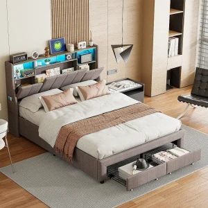 Bed van 140×200 cm met led- en usb-poorten, tweepersoonsbed met 2 lades, opklapbaar hoofdeinde, beddengoed, grijs Bed van 140×200 cm met led- en usb-poorten, tweepersoonsbed met 2 lades, opklapbaar hoofdeinde, beddengoed, grijs
