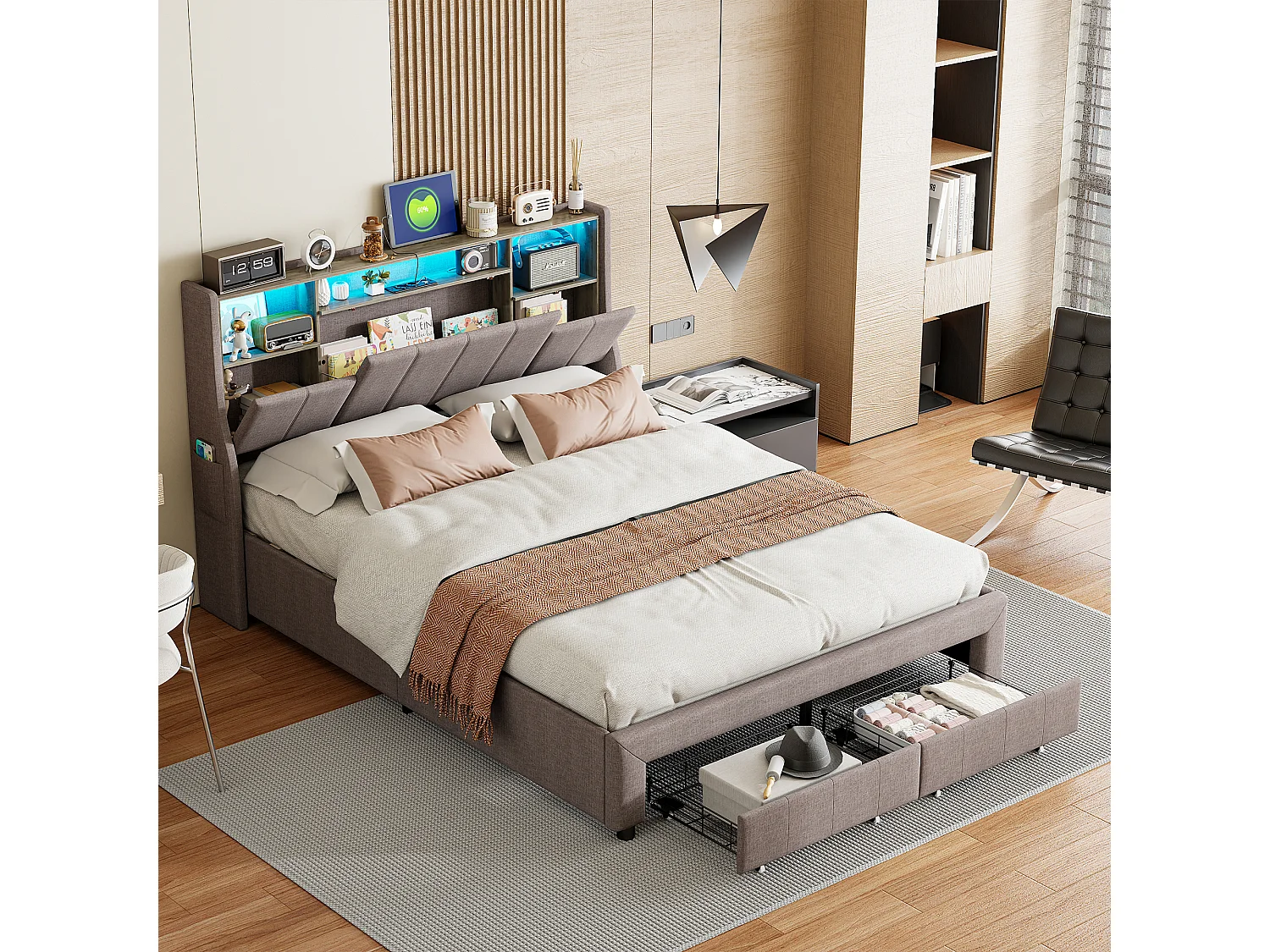 Bed van 140x200 cm met led- en usb-poorten, tweepersoonsbed met 2 lades, opklapbaar hoofdeinde, beddengoed, grijs