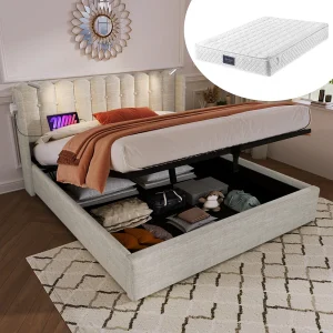 Bed met opbergruimte 140×200 cm – met hoofdbord, USB- en lattenbodem – linnen – beige – inclusief matras
