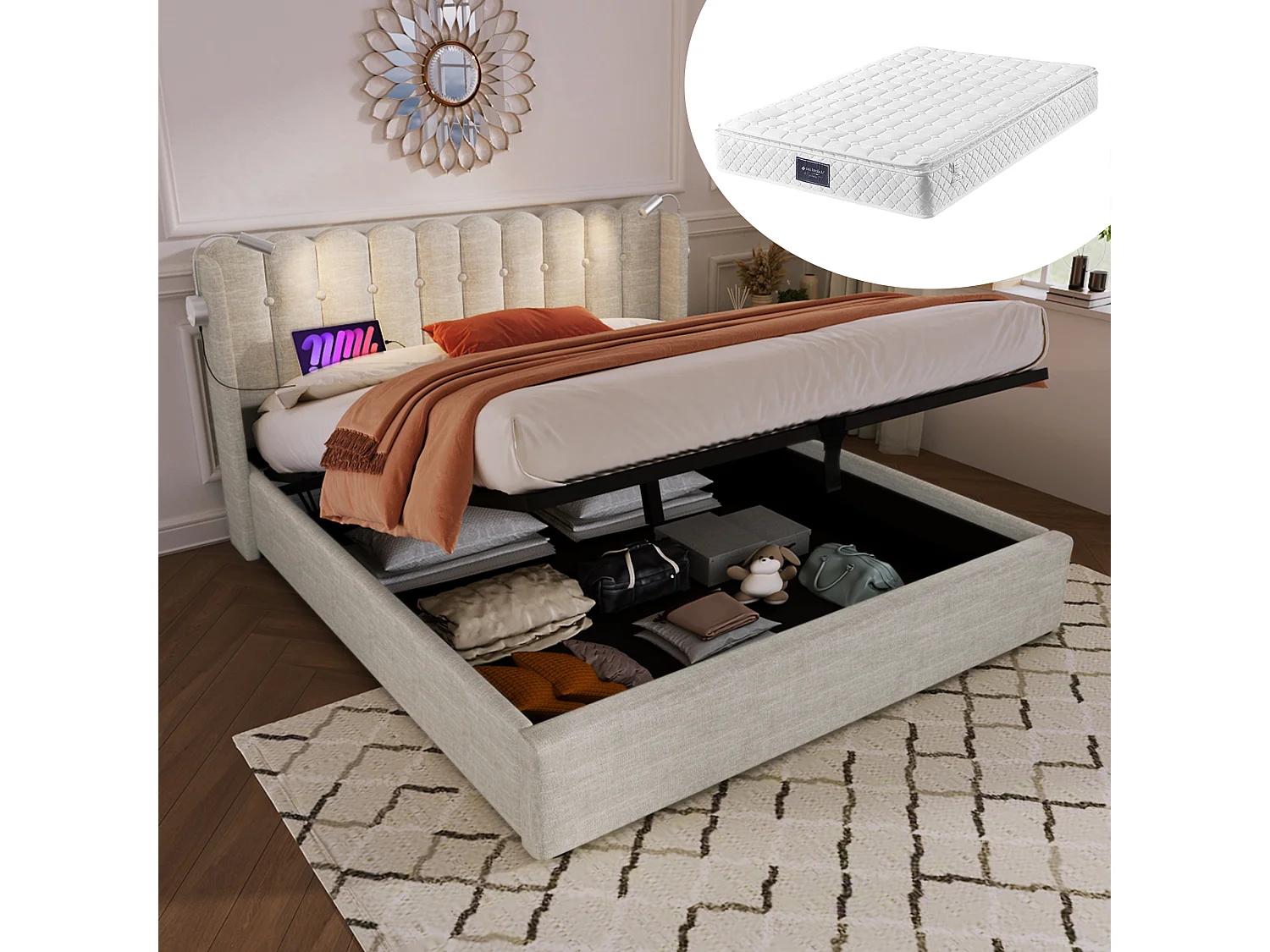 Bed met opbergruimte 140x200 cm - met hoofdbord, USB- en lattenbodem - linnen - beige - inclusief matras
