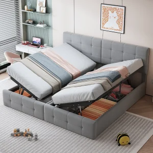 Bed met opbergruimte 180×200 cm – met hydraulische lift en lattenbodem – grijs fluweel Bed met opbergruimte 180×200 cm – met hydraulische lift en lattenbodem – grijs fluweel