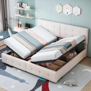 Bed met opbergruimte 180×200 cm – met hydraulische lift en lattenbodem – beige fluweel Bed met opbergruimte 180×200 cm – met hydraulische lift en lattenbodem – beige fluweel
