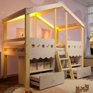 Bergbed 90×200 cm – Kinderbed met 2 lades en planken, LED-verlichting – wit + naturel – matras niet inbegrepen Bergbed 90×200 cm – Kinderbed met 2 lades en planken, LED-verlichting – wit + naturel – matras niet inbegrepen
