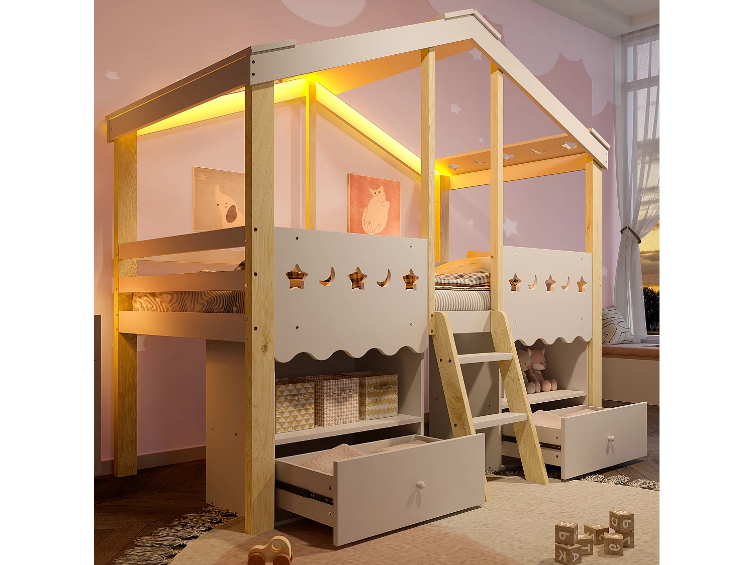 Bergbed 90x200 cm - Kinderbed met 2 lades en planken, LED-verlichting - wit + naturel - matras niet inbegrepen