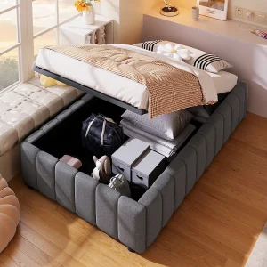 Bed met opbergruimte 90 x 200 cm – met hydraulische lift – grijs linnen – zonder matras Bed met opbergruimte 90 x 200 cm – met hydraulische lift – grijs linnen – zonder matras