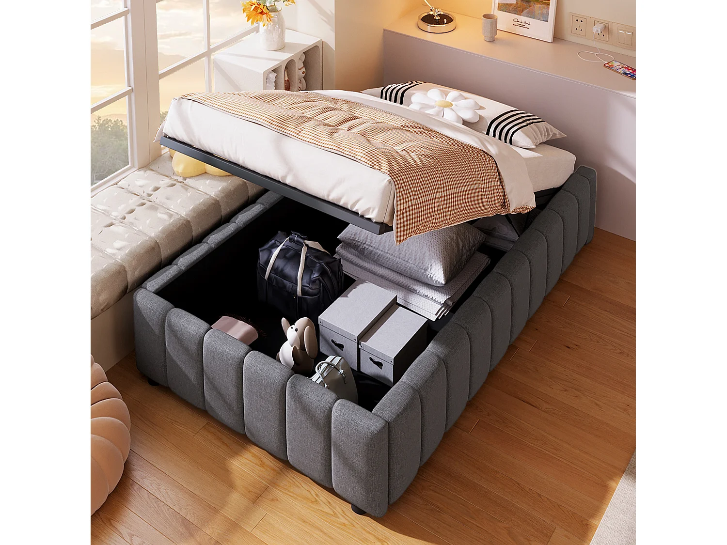 Bed met opbergruimte 90 x 200 cm - met hydraulische lift - grijs linnen - zonder matras