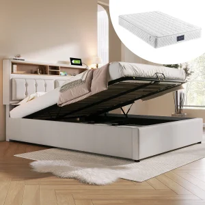 Bed met opbergruimte 140×200 cm – met hoofdbord met opbergruimte, USB- en Type-C-aansluitingen – beige linnen – inclusief matras
