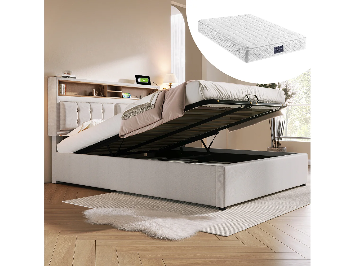 Bed met opbergruimte 140x200 cm - met hoofdbord met opbergruimte, USB- en Type-C-aansluitingen - beige linnen - inclusief matras