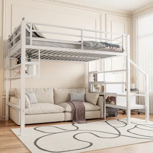 Bergbed 140 x 200 cm – met planken, open opbergruimte – wit metaal – zonder Matras Bergbed 140 x 200 cm – met planken, open opbergruimte – wit metaal – zonder Matras