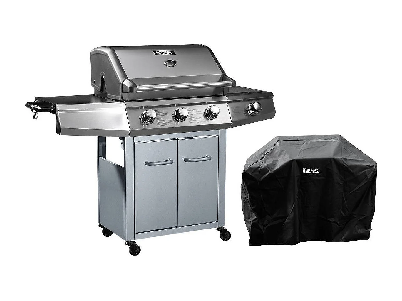 Gas BBQ gasbarbecue barbecue "Bingo 4" – 4 branders waarvan 1 zijbrander – 14 kW + beschermhoes – Zilver