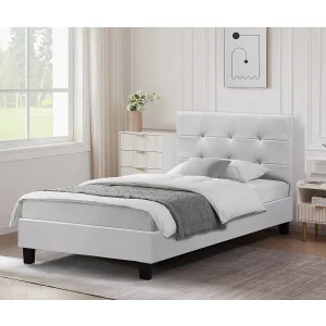"Julia" PVC Eenpersoonsbed – Wit – 90 x 190 cm – Capitonné Hoofdbord – Glanzende Afwerking "Julia" PVC Eenpersoonsbed – Wit – 90 x 190 cm – Capitonné Hoofdbord – Glanzende Afwerking