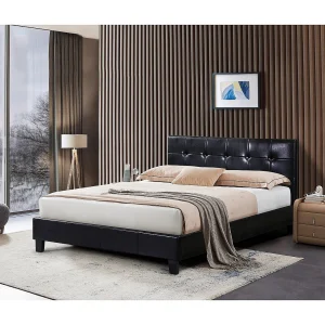 "Julia" Dubbel PVC Bed – 140×190 cm – Zwart, Capitonné Hoofdeinde, Glanzende Afwerking, Volwassene, Lattenbodem "Julia" Dubbel PVC Bed – 140×190 cm – Zwart, Capitonné Hoofdeinde, Glanzende Afwerking, Volwassene, Lattenbodem
