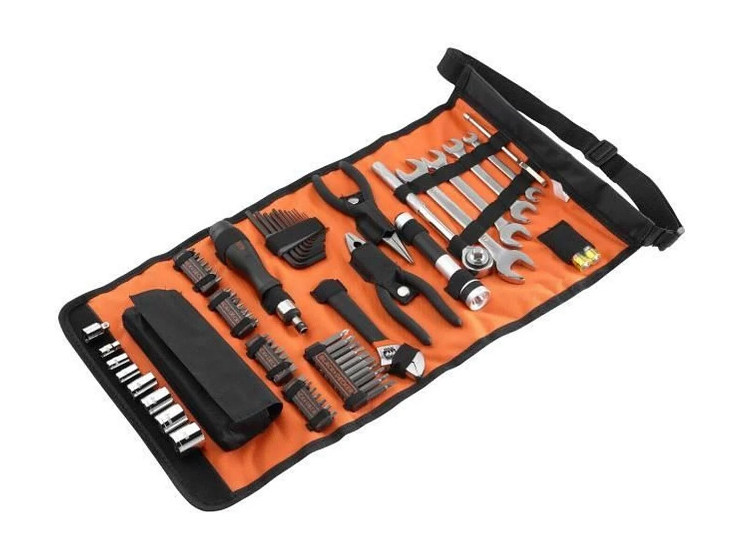 BLACK+DECKER mechanische gereedschapsset 76 accessoires met zwarte oprolbare tas, bits, sleutels, tangen, doppen, zaklamp en magnetische magneetvanger