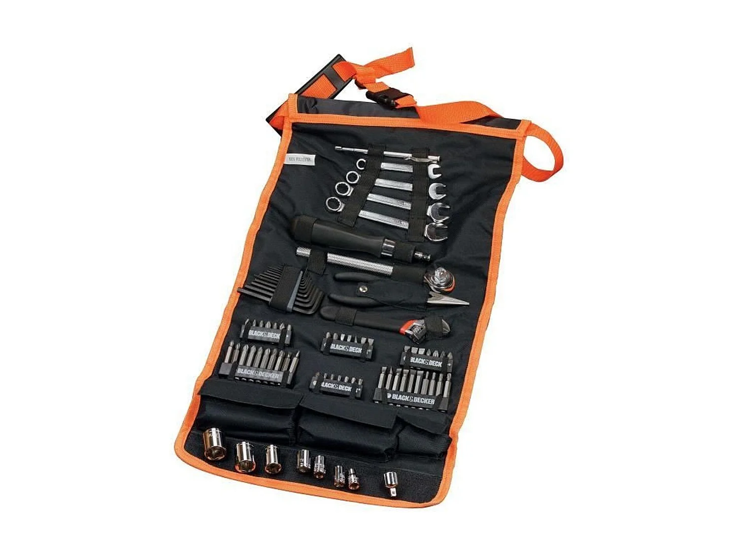 BLACK & DECKER 77-delige gereedschapsset met multicolor oprolbare tas – bitjes, sleutels, doppen, tang en ratelschroevendraaier