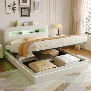 Beige fluwelen bed van 160×200 cm met geïntegreerde ledverlichting, hoofdbord met opbergruimte en hydraulisch systeem. Beige fluwelen bed van 160×200 cm met geïntegreerde ledverlichting, hoofdbord met opbergruimte en hydraulisch systeem.