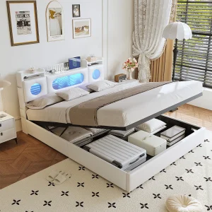 Bed van 160×200 cm met gasveeropbergruimte, USB/Type-C-poorten, ledverlichting en linnen bekleding – praktisch en modern, wit
