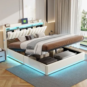 Beige fluwelen opbergbed van 160×200 cm met RGB-ledverlichting, hoofdbord met opbergruimte en USB- en USB-C-aansluitingen. Beige fluwelen opbergbed van 160×200 cm met RGB-ledverlichting, hoofdbord met opbergruimte en USB- en USB-C-aansluitingen.