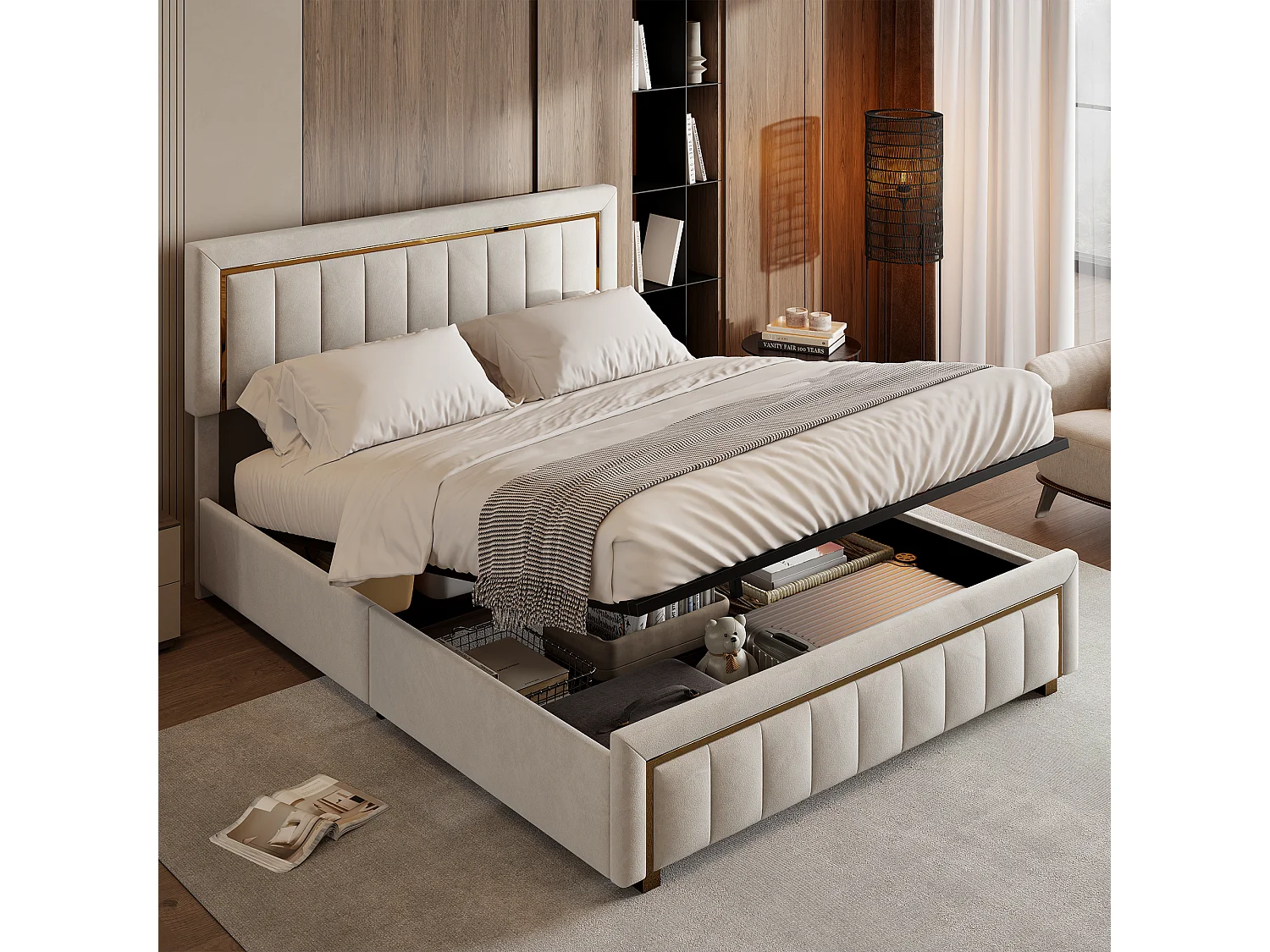 Bed van 140x190 cm in beige fluwelen stof met gasveer voor opbergruimte – gouden bies en verticaal streepdesign.