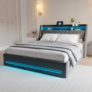 Bedframe 160×200 LED en USB, tweepersoonsbed met 4 lades, hoofdeinde met opbergruimte, linnen, grijs Bedframe 160×200 LED en USB, tweepersoonsbed met 4 lades, hoofdeinde met opbergruimte, linnen, grijs