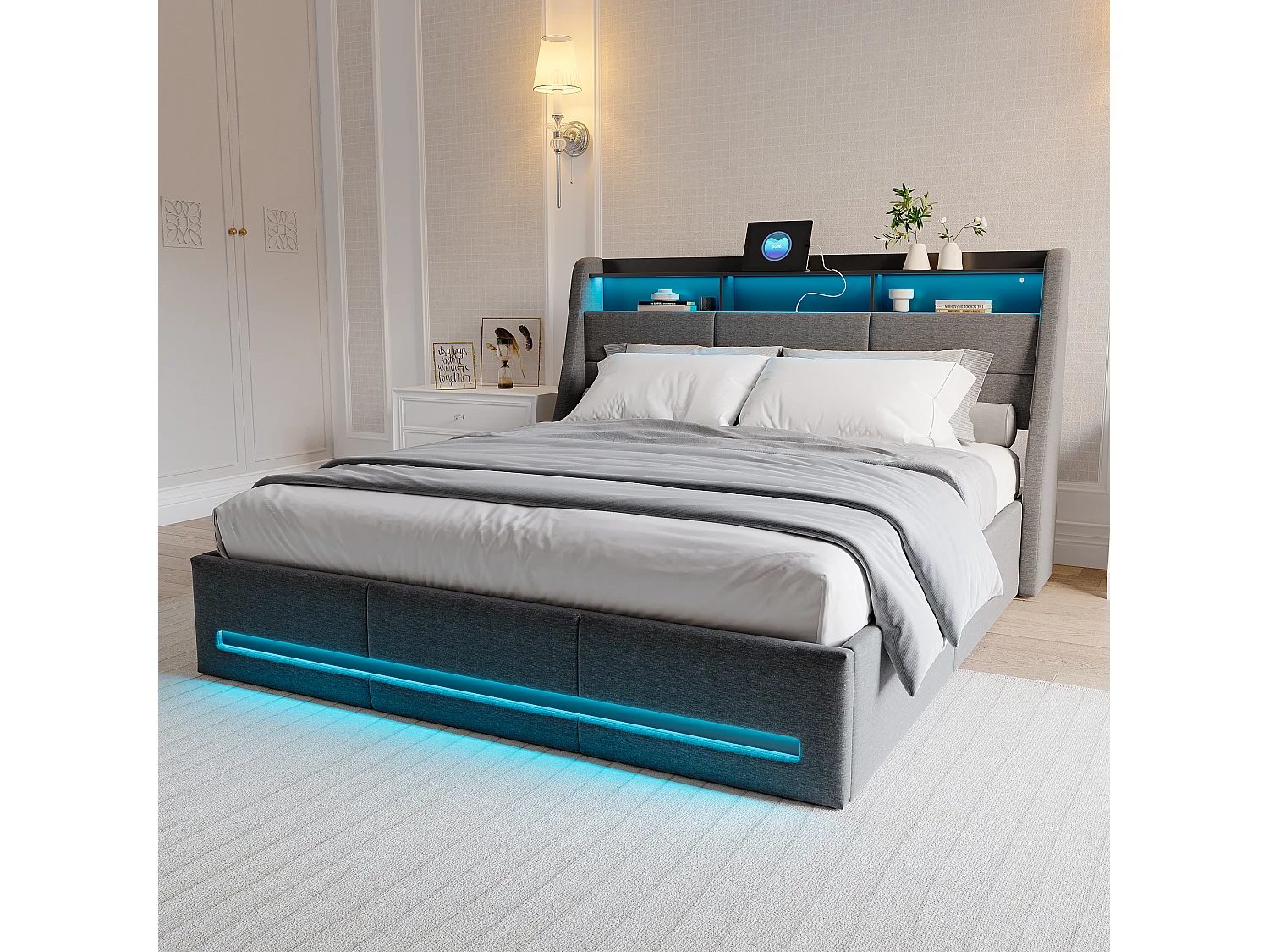 Bedframe 160x200 LED en USB, tweepersoonsbed met 4 lades, hoofdeinde met opbergruimte, linnen, grijs