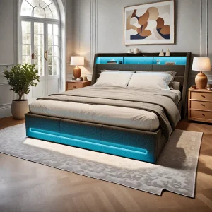 Bed 160×200 met LED-lattenbodem en USB-oplader, Gestoffeerd tweepersoonsbed met 4 lades, Linnen, Grijs Bed 160×200 met LED-lattenbodem en USB-oplader, Gestoffeerd tweepersoonsbed met 4 lades, Linnen, Grijs